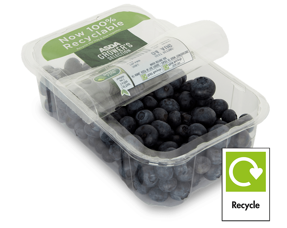 Pre-formed tray of blueberries with recyclable lidding film
