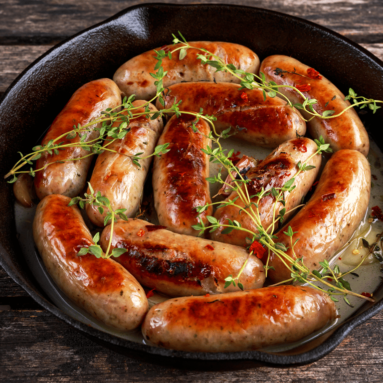 eleven cumberland sausages in a frying pan